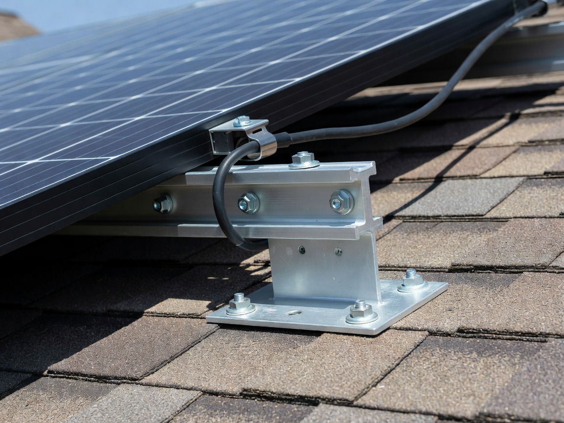 Close up view of hardware mounting solar panels to a roof