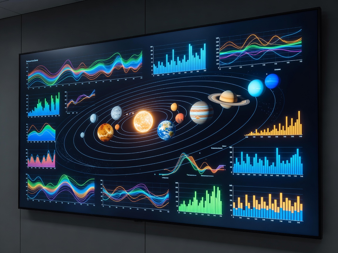 Digital screen displaying solar system data and performance graphs