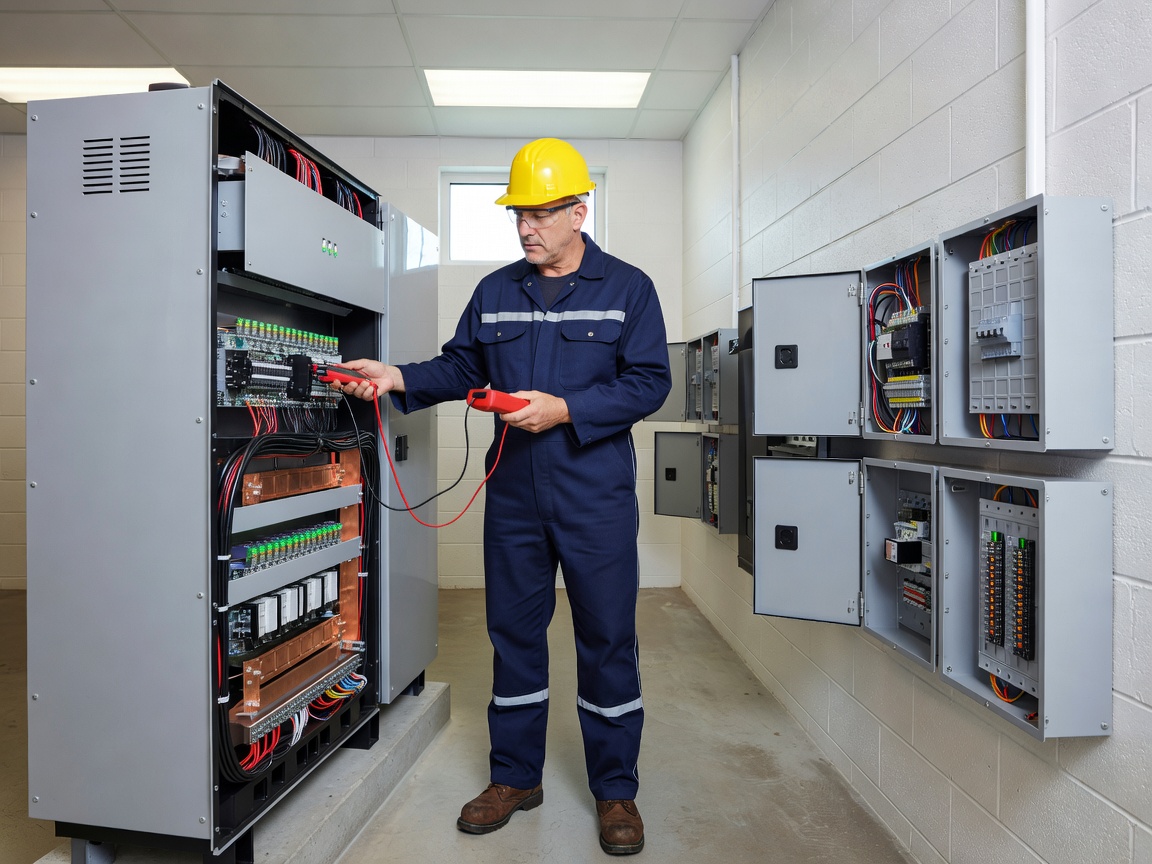 Electrical engineer inspecting solar inverter and electrical boxes