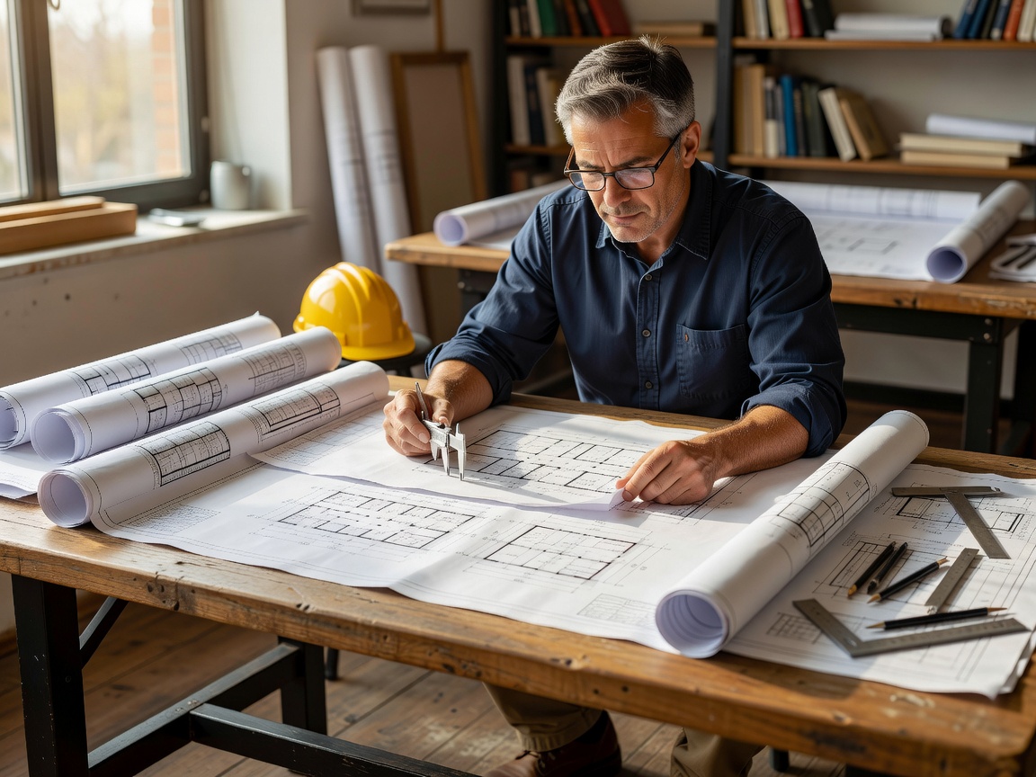 Engineer reviewing blueprints and property plans