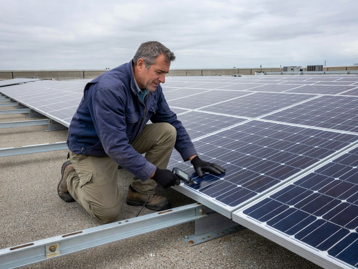 Inspector examining solar panel condition and mounting hardware