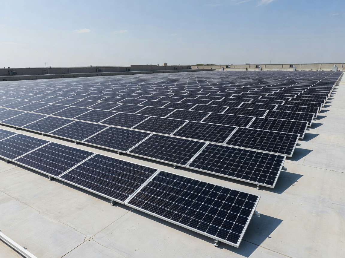 Large scale commercial solar panel array on a flat warehouse roof